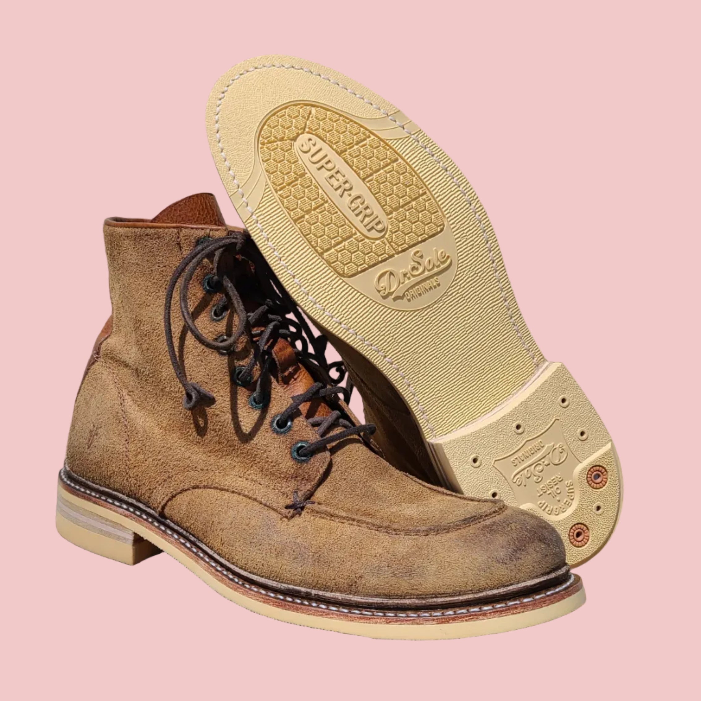 suede frye moc toe boots resoled with dr. sole super grip soles