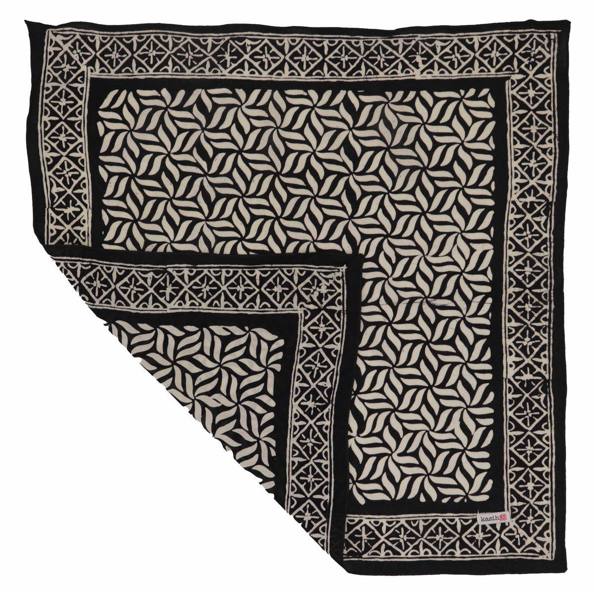Hand Dyed Batik Bandana, 100% Soft Cotton, Onyx Pinwheel, Black White