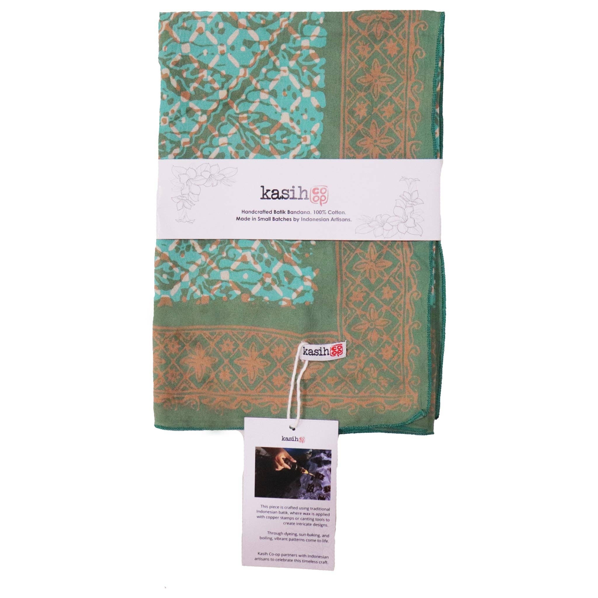 Hand Dyed Batik Bandana, Soft Lightweight Cotton, Leaf Grid