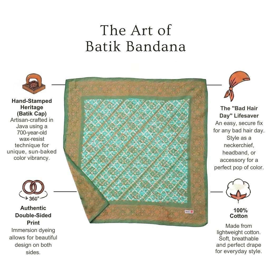 Hand Dyed Batik Bandana, Soft Lightweight Cotton, Leaf Grid