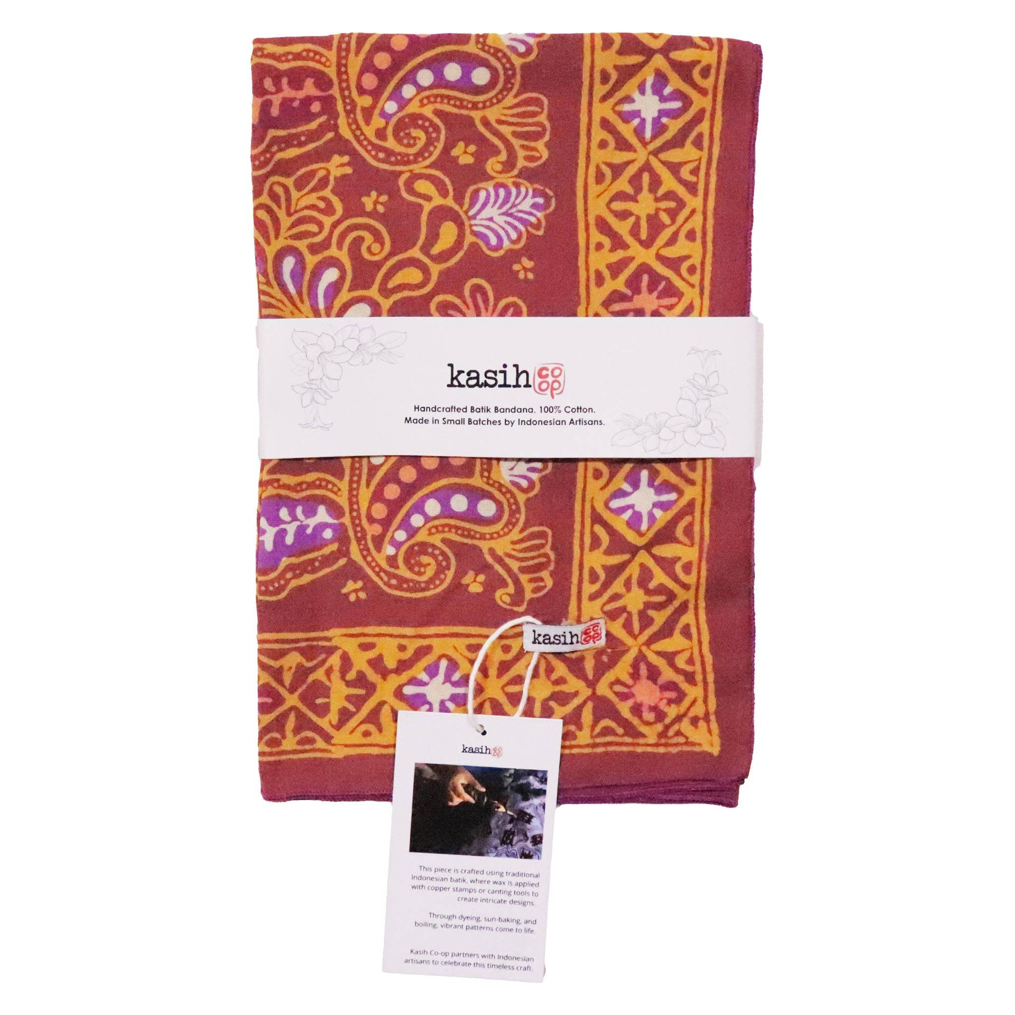 Hand Dyed Batik Bandana, 100% Soft Cotton, Dusky Fern, Pink, Yellow, Purple