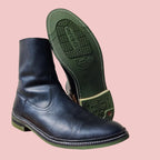black frye leather boots with a zipper resoled with green dr. sole soles