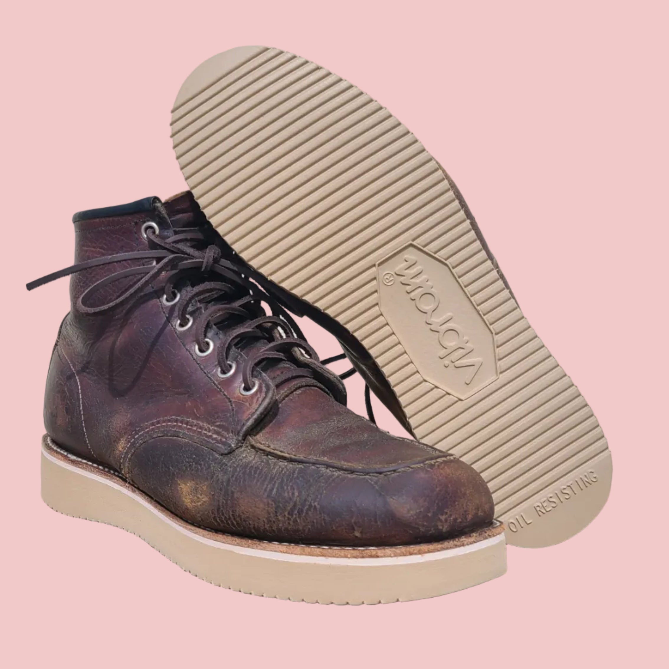 Red Wing Moc Toe resoled with Vibram gumlight wedge sole