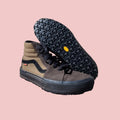 Brown suede vans resoled with geometric Vibram rubber
