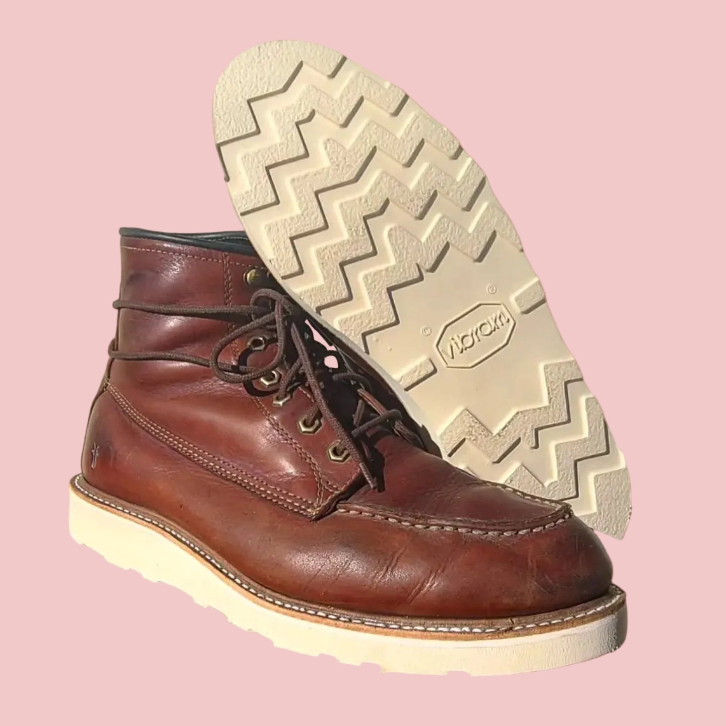 Red wing moc toe resoled with vibram wedge sole in natural