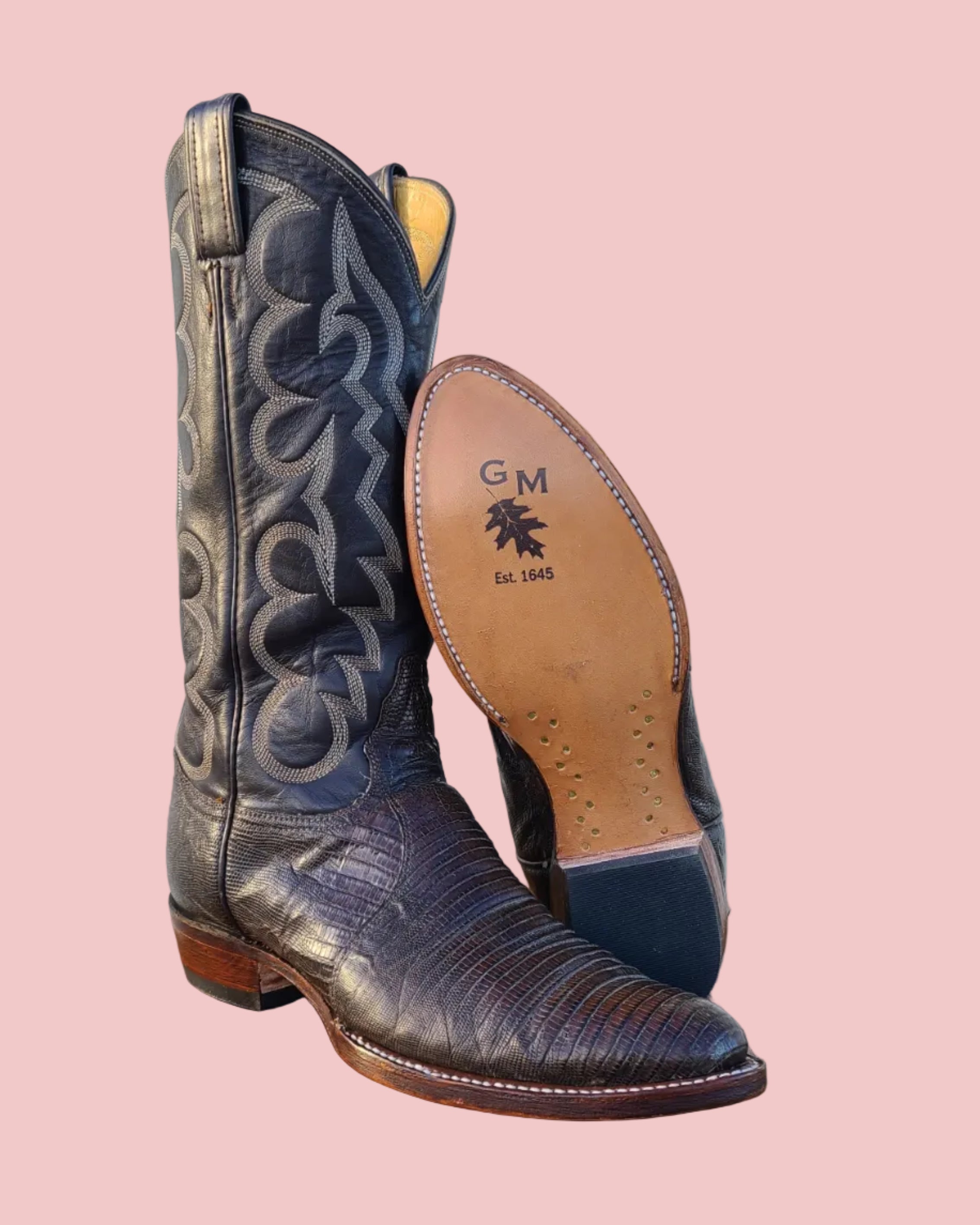 dark brown vintage cowboy boots resoled and reheeled with leather