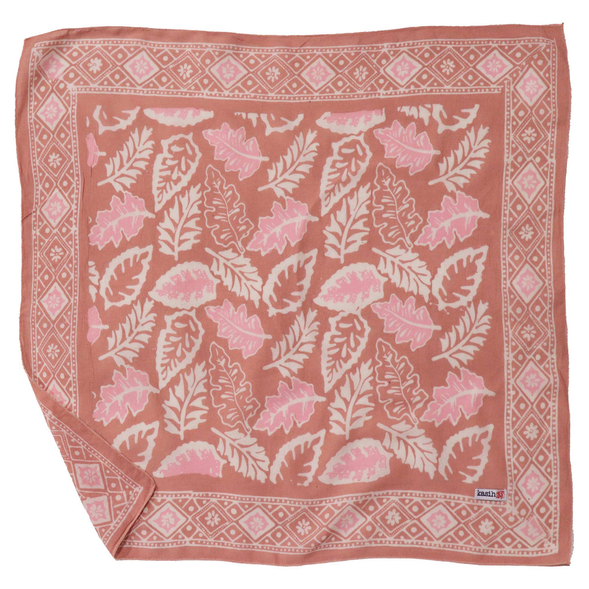 Hand Dyed Batik Bandana, Peach Pink Coral Leaves