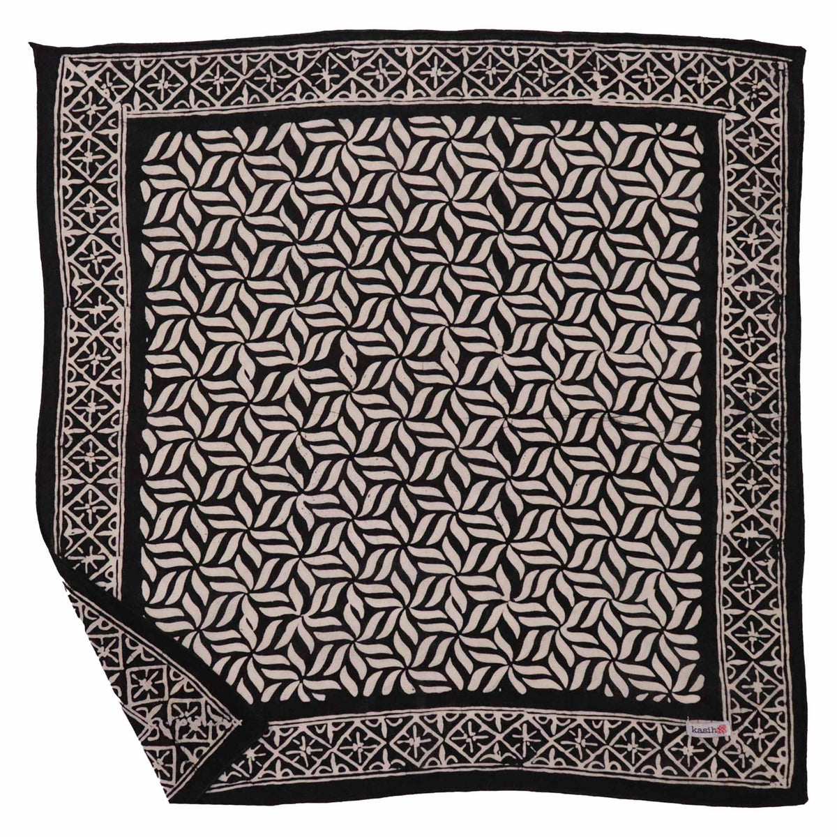 Hand Dyed Batik Bandana, 100% Soft Cotton, Onyx Pinwheel, Black White