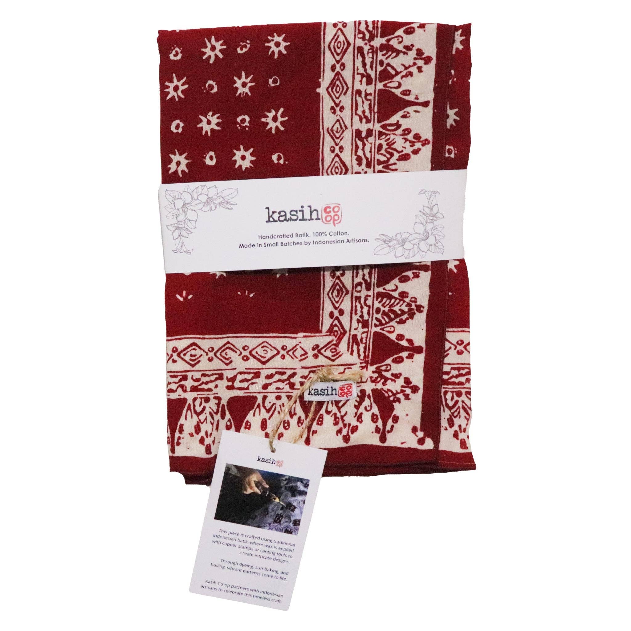 Large 39" Hand Dyed Batik Bandana, 100% Soft Cotton, Celebrations, Red, White
