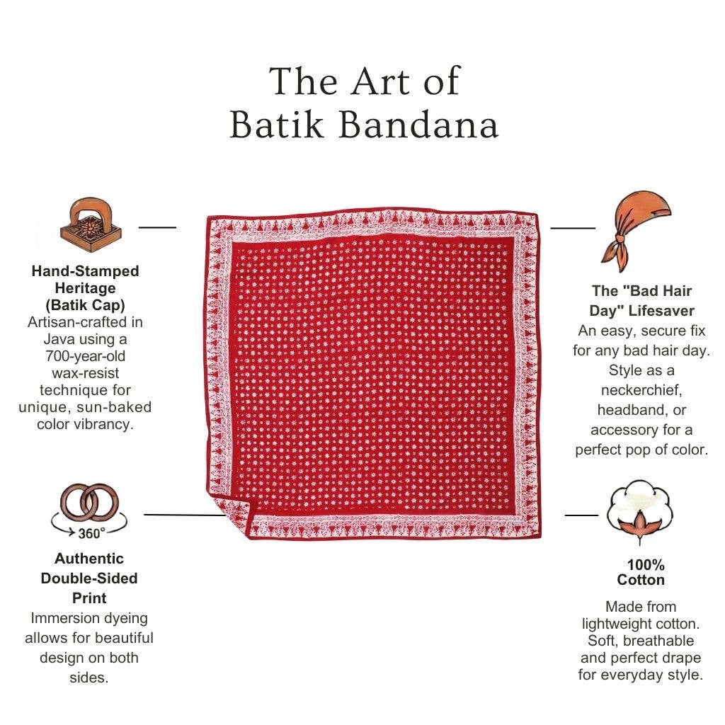 Large 39" Hand Dyed Batik Bandana, 100% Soft Cotton, Celebrations, Red, White