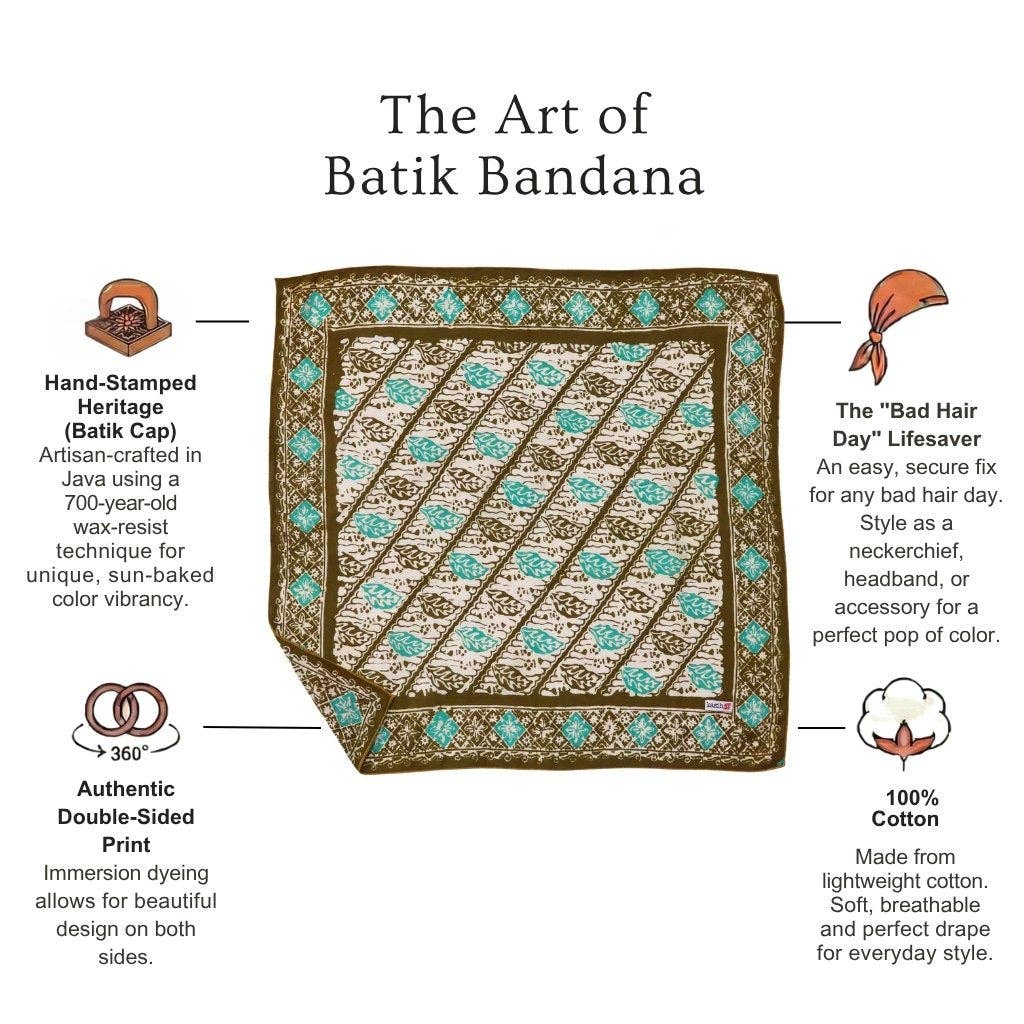 Batik Bandana, 100% Cotton, Leaf Lovers, Green, New, Drawn