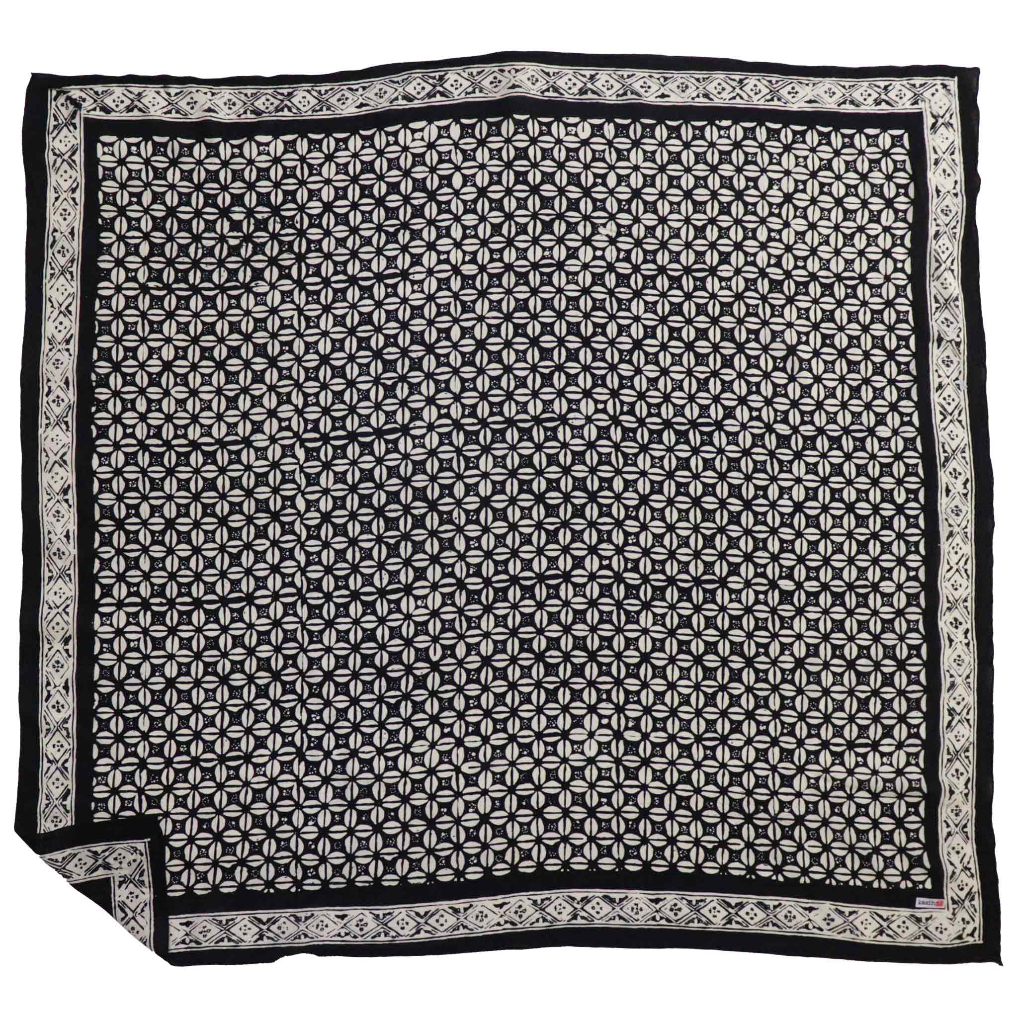 Large 39" Hand Dyed Batik Bandana, 100% Soft Cotton, Horn Beetle, Black White