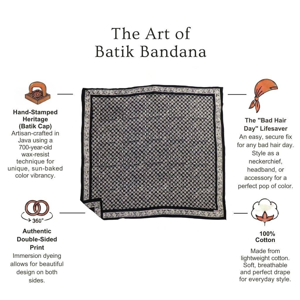 Large 39" Hand Dyed Batik Bandana, 100% Soft Cotton, Horn Beetle, Black White